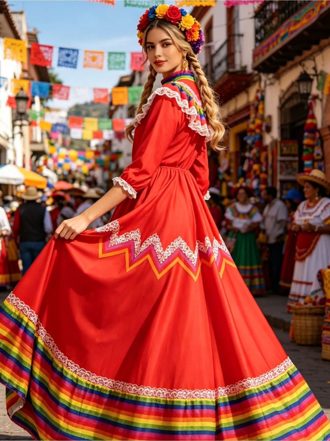 Casual Fashion Dress Mexican Elements Dance Skirt with Headdress Large Hem Festival Party Performance Outfit Multi-color Available