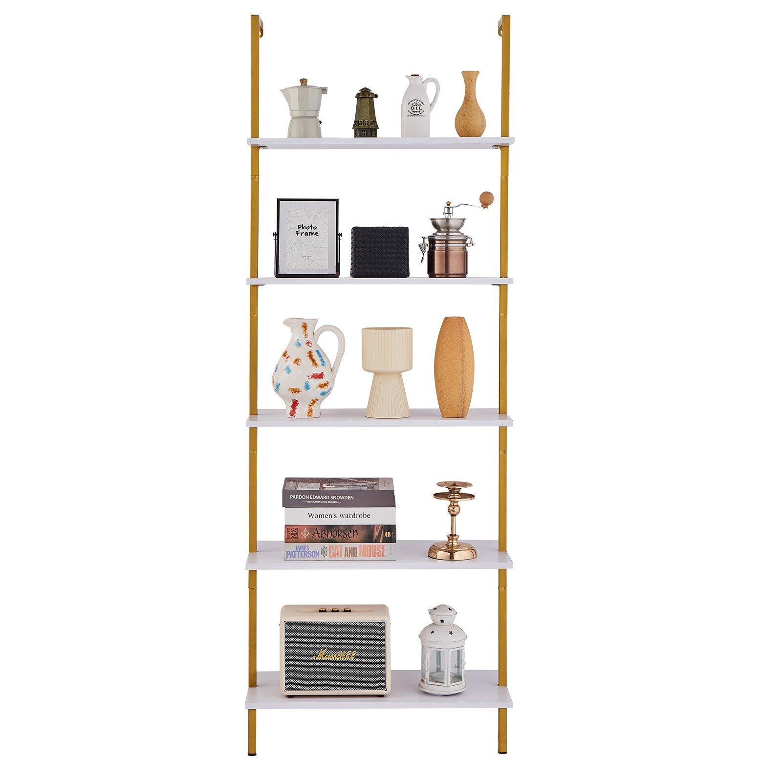VEVOR Ladder Shelf, 5-Tier Bookshelf 24x11.8in, Open Wall-Mounted Ladder Shelf with Metal Frame,Storage Rack Sundries Holder for Kitchen Bedroom Bathroom Living Room, Gold White VEVOR Ladder Shelf, 5-Tier Bookshelf 24x11.8in, Open Wall-Mounted Ladder Shelf with Metal Frame,Storage Rack Sundries Holder for Kitchen Bedroom Bathroom Living Room, Gold White