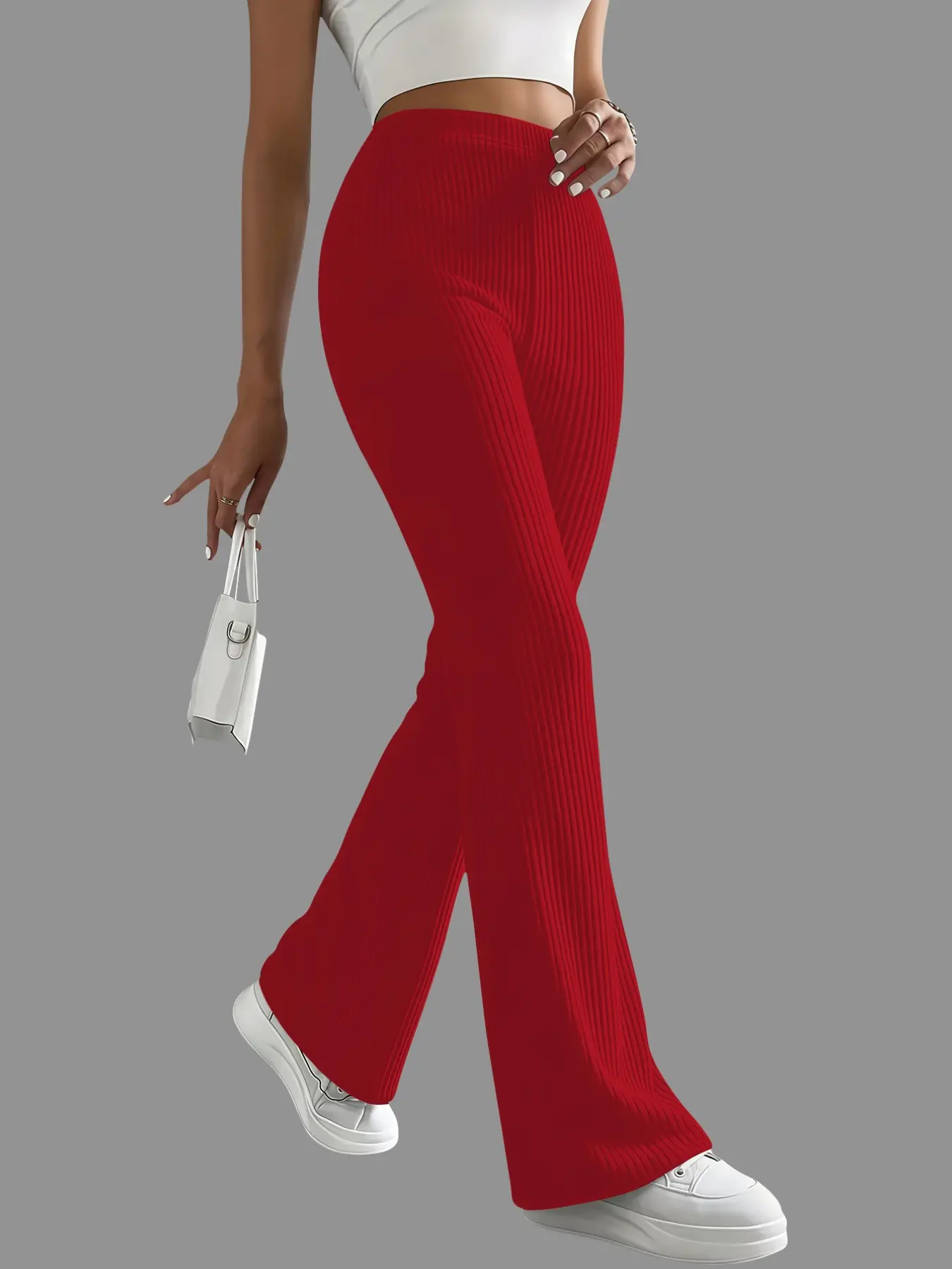 Women's Fall Winter Long Loose Pants, Elastic Waistband Ribbed Simple Striped Straight Leg Bell Bottoms, Casual Fashionable Bottoms