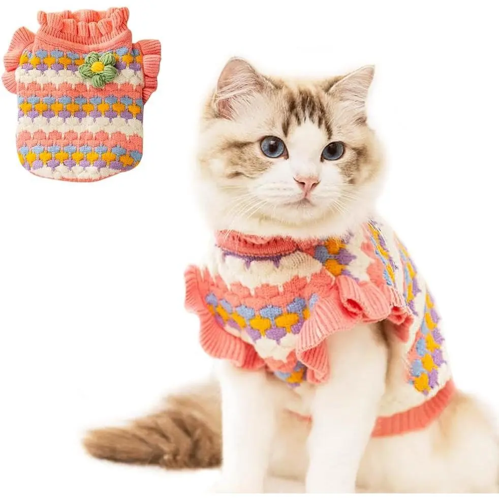 Small Dog Sweater, Knitted Tulip Cat Sweater, Warm Thick Holiday Puppy Clothes for Small Dog Girl,Cold Weather Outfit for Kitten Chihuahua Yorkie Teacup Dachshund Pug (Pink, X-Small)