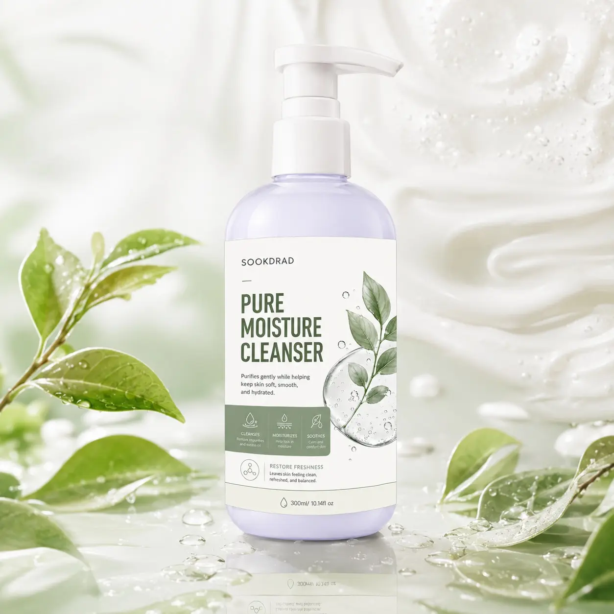 Pure Moisture Cleanser, contains natural plant extracts, gently purifies, moisturizes, soothes skin, facial cleanser, suitable for various skin types, daily use, 300ml/10.14fl oz