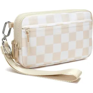 Wristlet wallets for women Nylon Quilted Wallet with 4 Zippers,Travel Credit Card,Holder Cell Phone Organizer, checkered belt bag