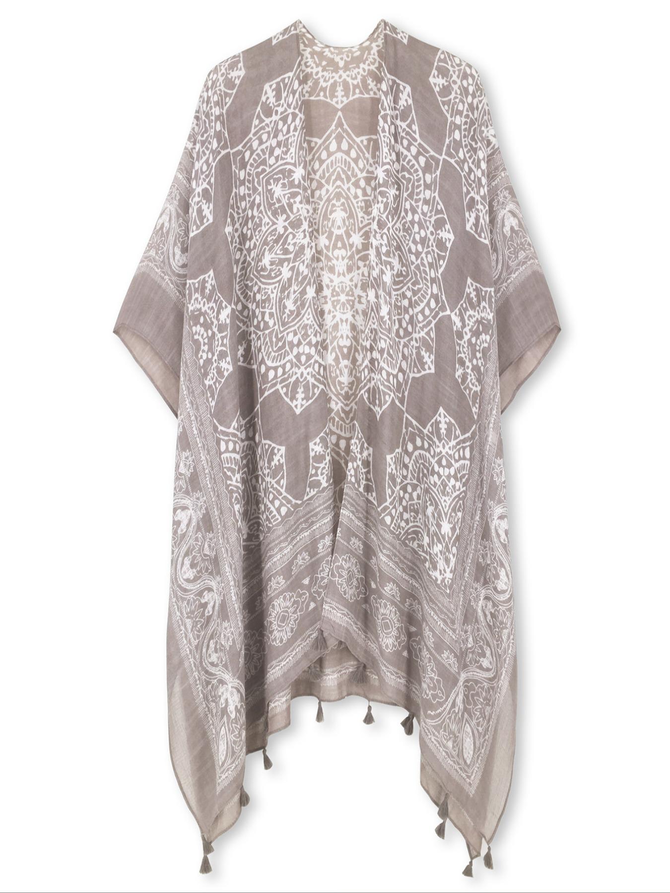 Women's Ethnic Pattern Fringe Trim Kimono Cover Up, Boho Batwing Sleeve Open Front Cover Up, Ladies Summer Clothes for Beach Holiday Vacation, Beach Cover Ups, Swimsuit Cover Ups