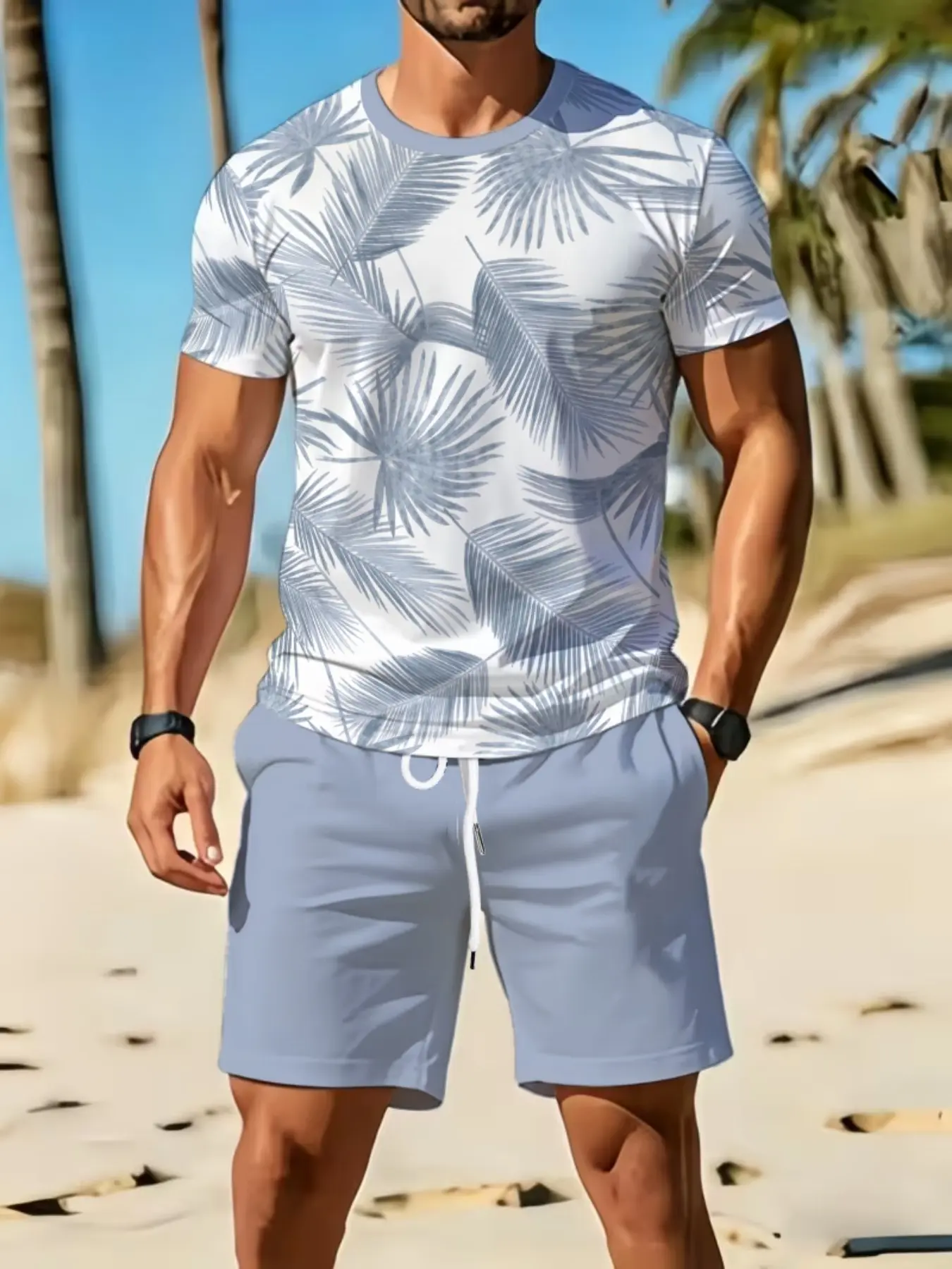 Men's Casual Short Sleeve Shorts Set, Leaf Pattern Design, Comfortable Daily Wear, Fashion Lightweight Fabric, Slim-Fitting Suit