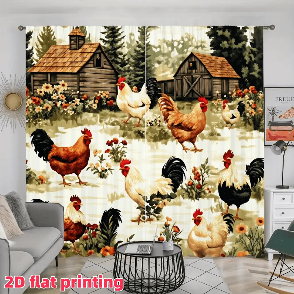 2D Flat 2Pcs Farmhouse Rooster Chicken Print Curtains, Rustic Barn Countryside Landscape Window Drapes, Semi-Shade Rod Pocket Panels for Living Room Bedroom Kitchen, Home Decor Accessory, Anti-Privacy.