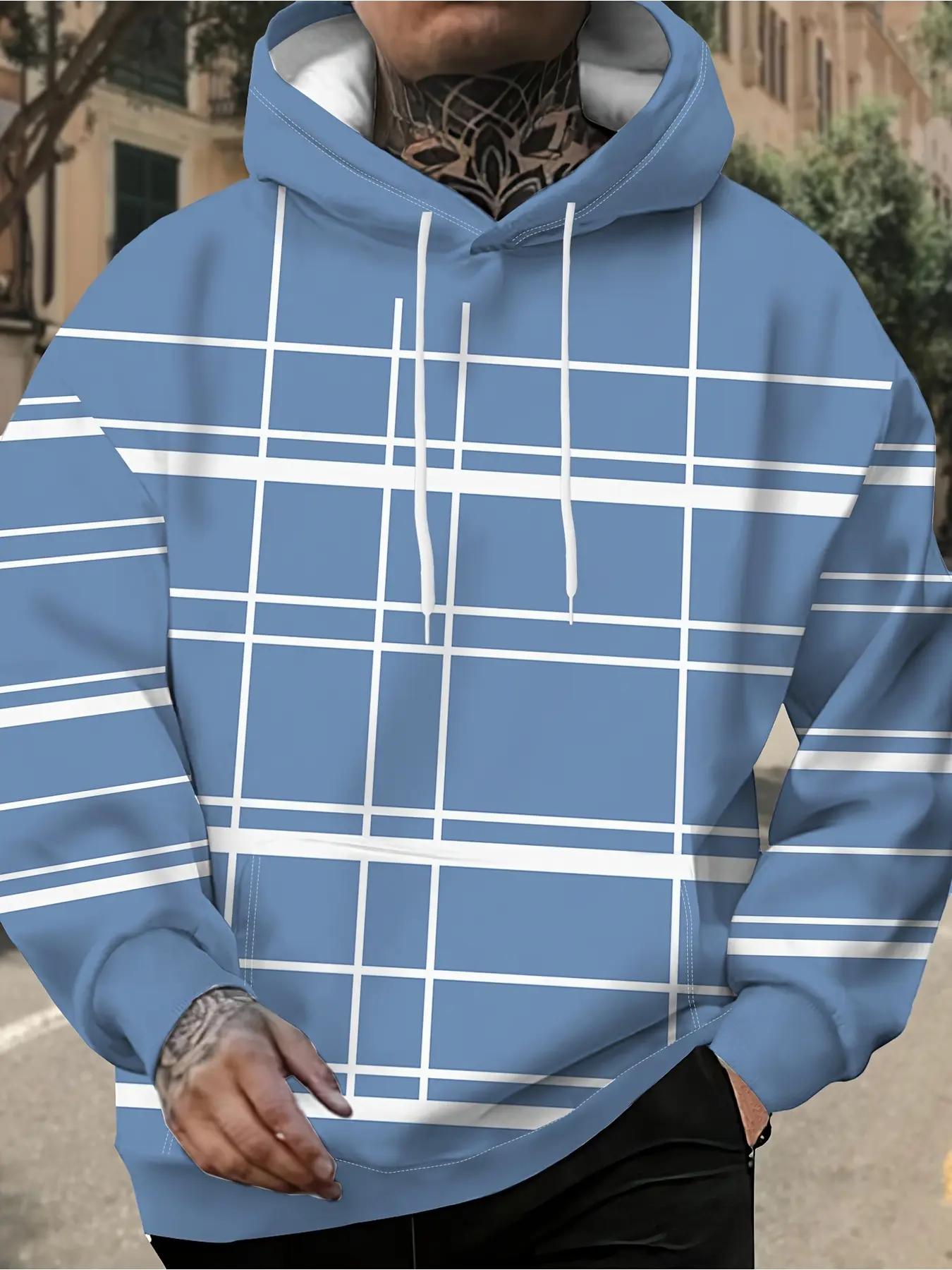 Men'S Hooded Sweatshirt, Loose Fit, Blue Checkered Pattern, White Lines, Fashionable And Trendy Hoodie