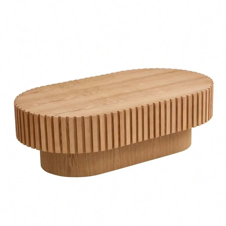 43.70 Inch Modern Handcraft Drum Coffee Table Oval Coffee Table Living Room, Small Wooden Coffee Table With Sturdy Pedestal Office