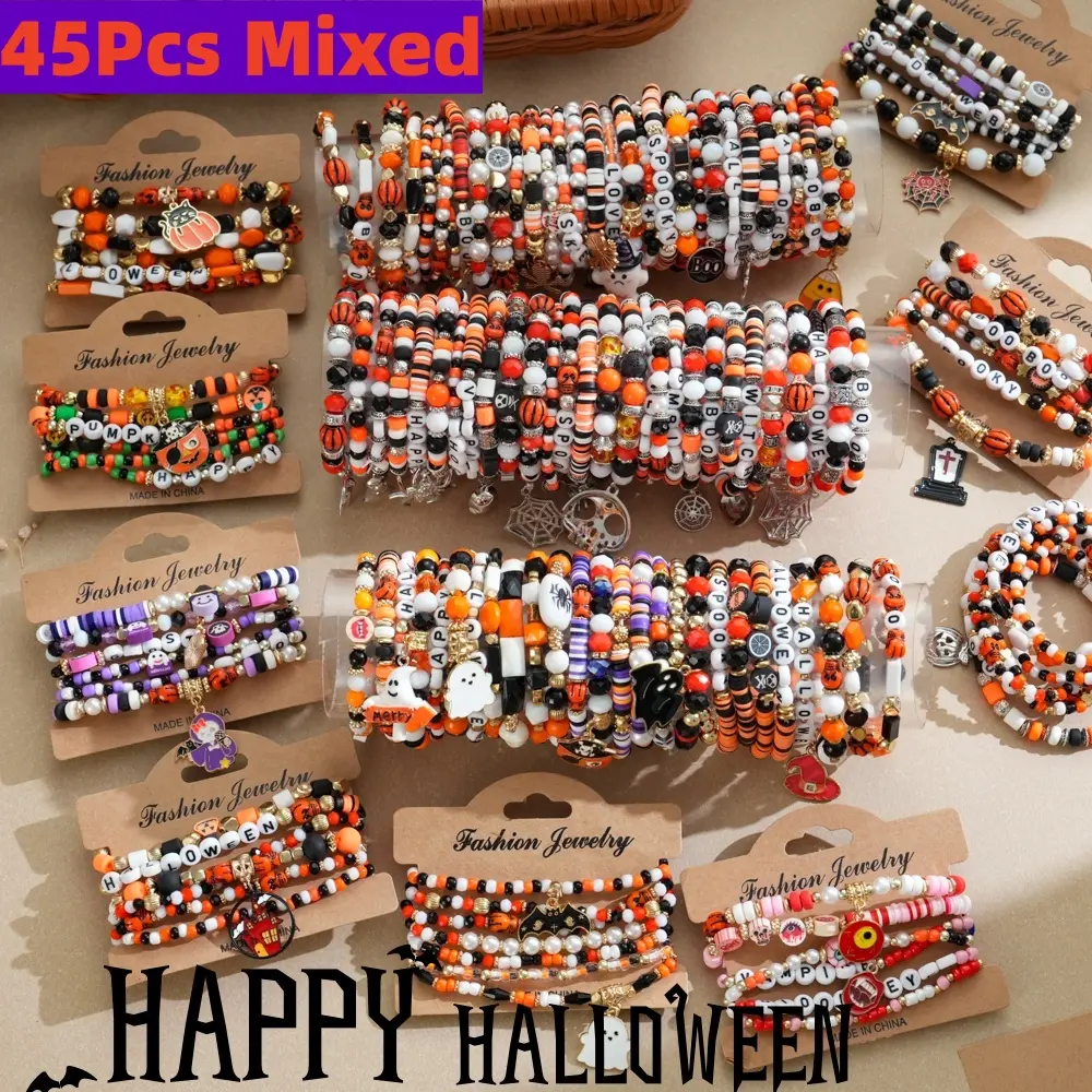 Unisex 45Pcs Halloween Alloy Charm Bracelet Set - Spider, Bat, Pumpkin Head, Ghost Charms, Ideal for Holiday Use, Perfect Gift for Friends & Family, Unisex Fit