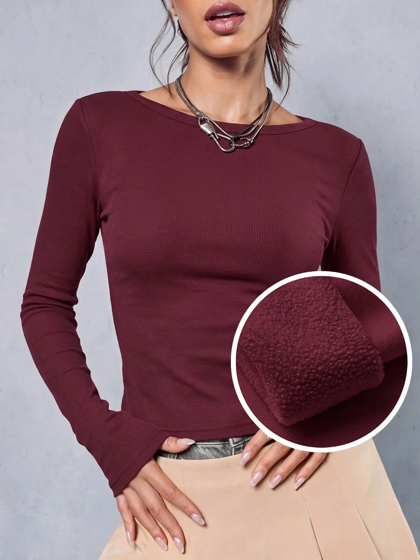 Burgundy Fleece Lined Stretch Ribbed Crew Neck Slim Fit Y2K Aesthetic Warm Thermal Winter Layering Basic Daily Casual Cropped Long Sleeve T-Shirt For Women, Soft Stretchy Fleece Inner Top For Streetwear Casual Dating Fall Winter Slim Bodycon Layering Tops