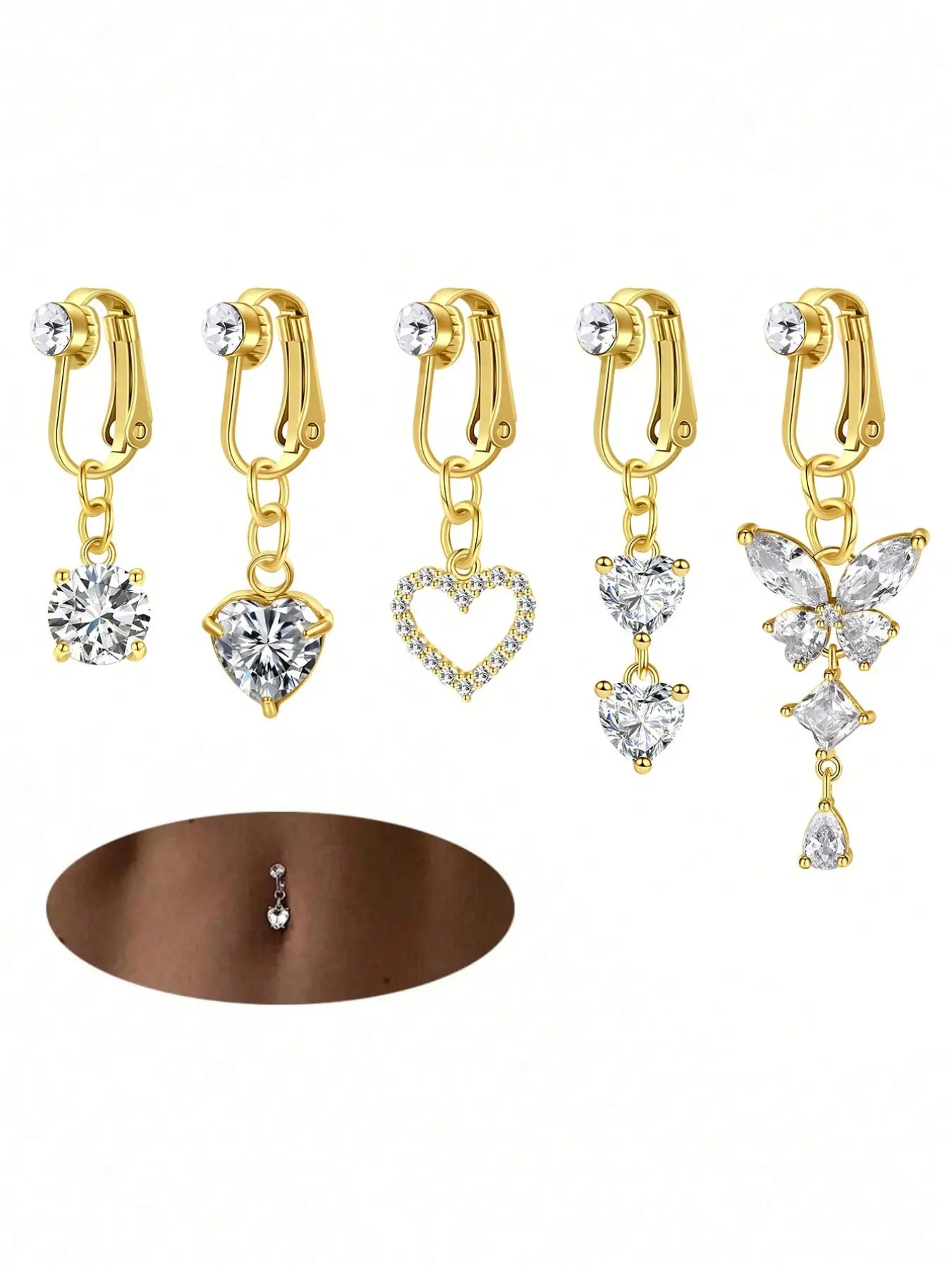 5 Piece Fake Navel Ring Set, Women's Clip-On Simulation Belly Button Rings, No Piercing Required, Casual Style