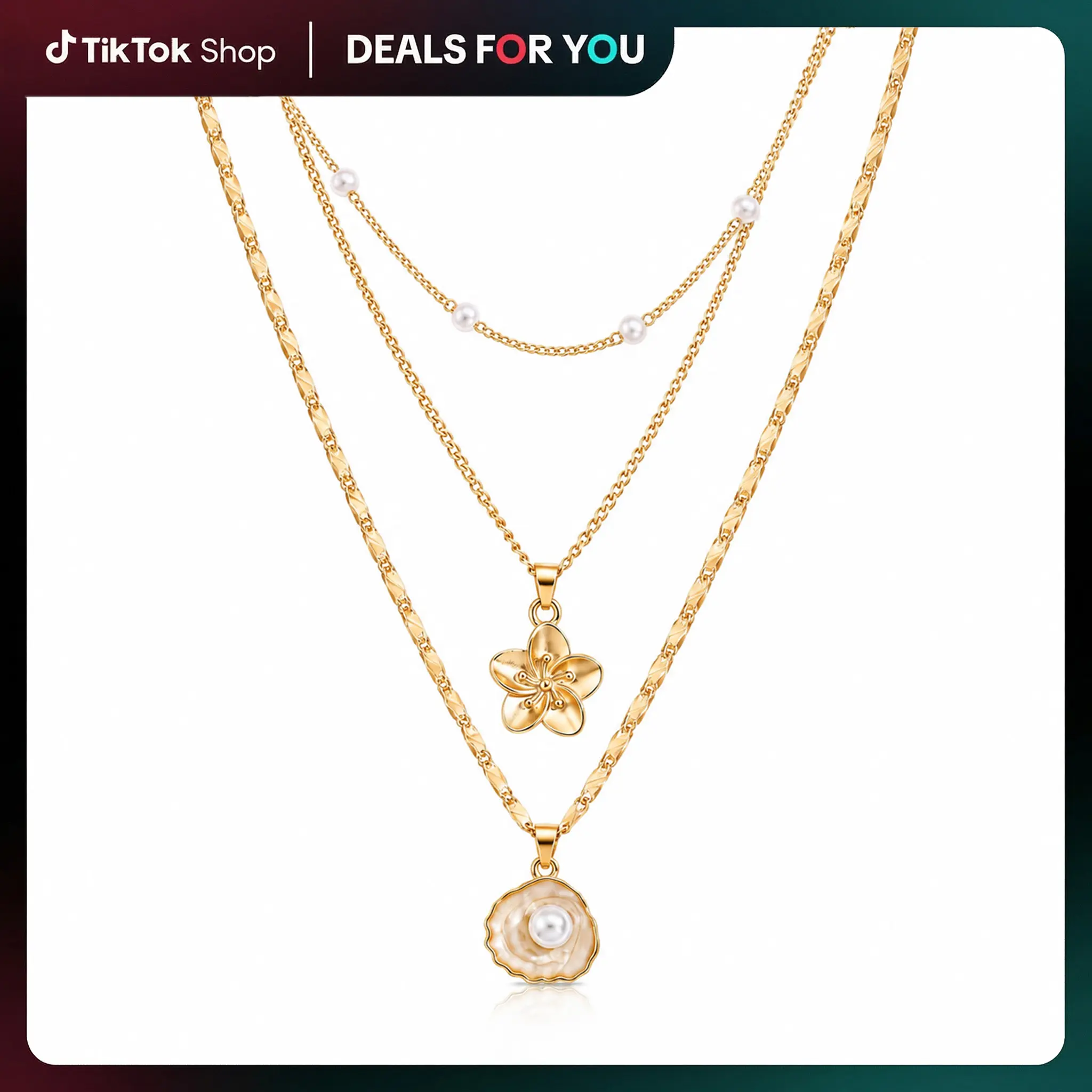 3-Piece Pre-stacked Layering Aesthetic Y2K Boho Beach Vacation Necklace | Floating Pearl Station Chain & Wildflower Pendant | Textured Mother of Pearl Coin Lariat Set | Sun-Kissed Summer Festival Body Jewelry fashionable valentine