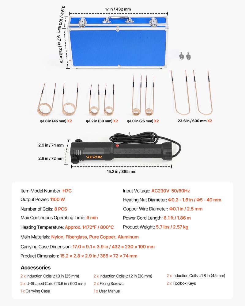 VEVOR Induction Heater Bolt Removal, 1100W 110V Magnetic Induction Heater Kit, Handheld Nut Buster Tool, Mini Heating Machine for Rusty Screw Removing, Car Garage Repairing Tools with 8 Coil and Box