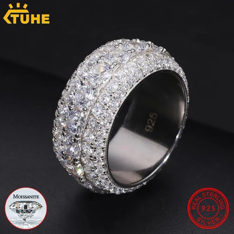 S925 Sterling Silver VVS1 Moissanite Ring for Men, Pave Setting Synthetic Diamond Fine Jewelry with Certificate (Hip Hop Style)