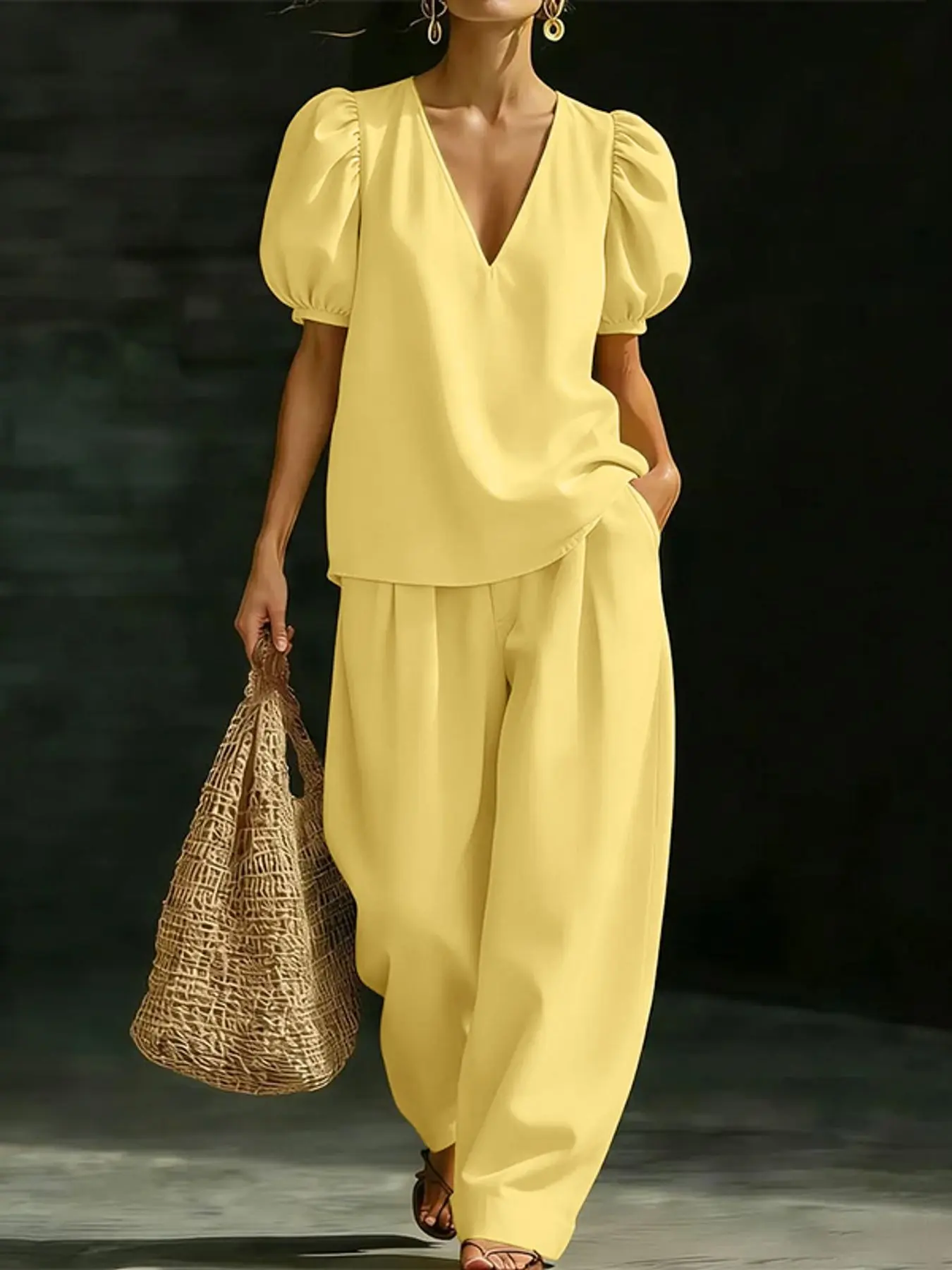 ZANZEA Women's V-Neck Bubble Sleeve Loose H-Type Solid Blouse and Casual Long Pants Set, European and American Style Chic Two-Piece Outfit Clothes