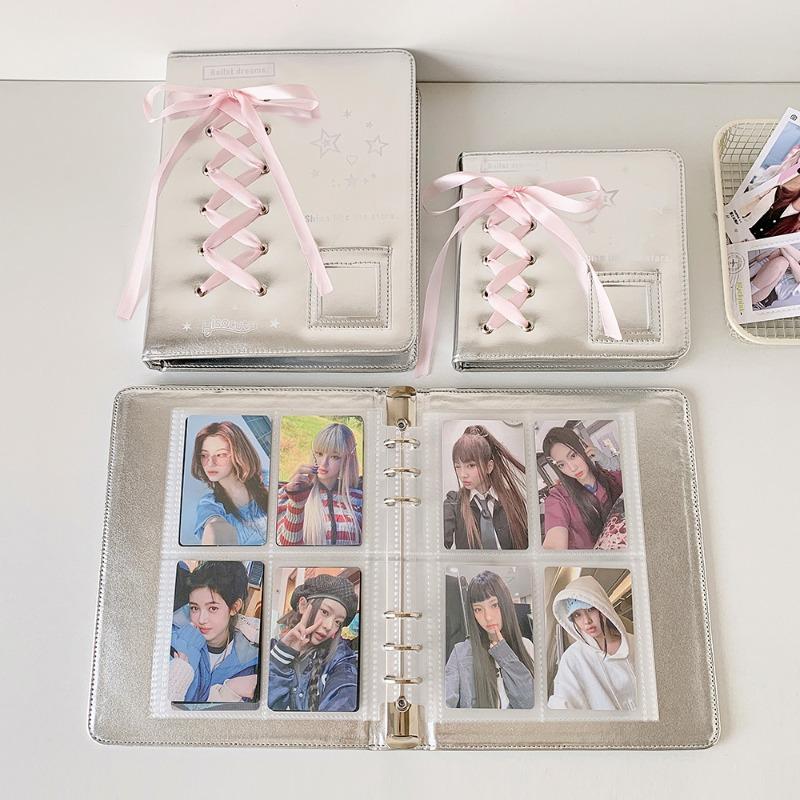 Silver Leather PU Photo Album Ballet Ribbon Photocard Binder 3 Inch Kpop Idol Card Collection Book A5 A7 Photo Albums INS Style