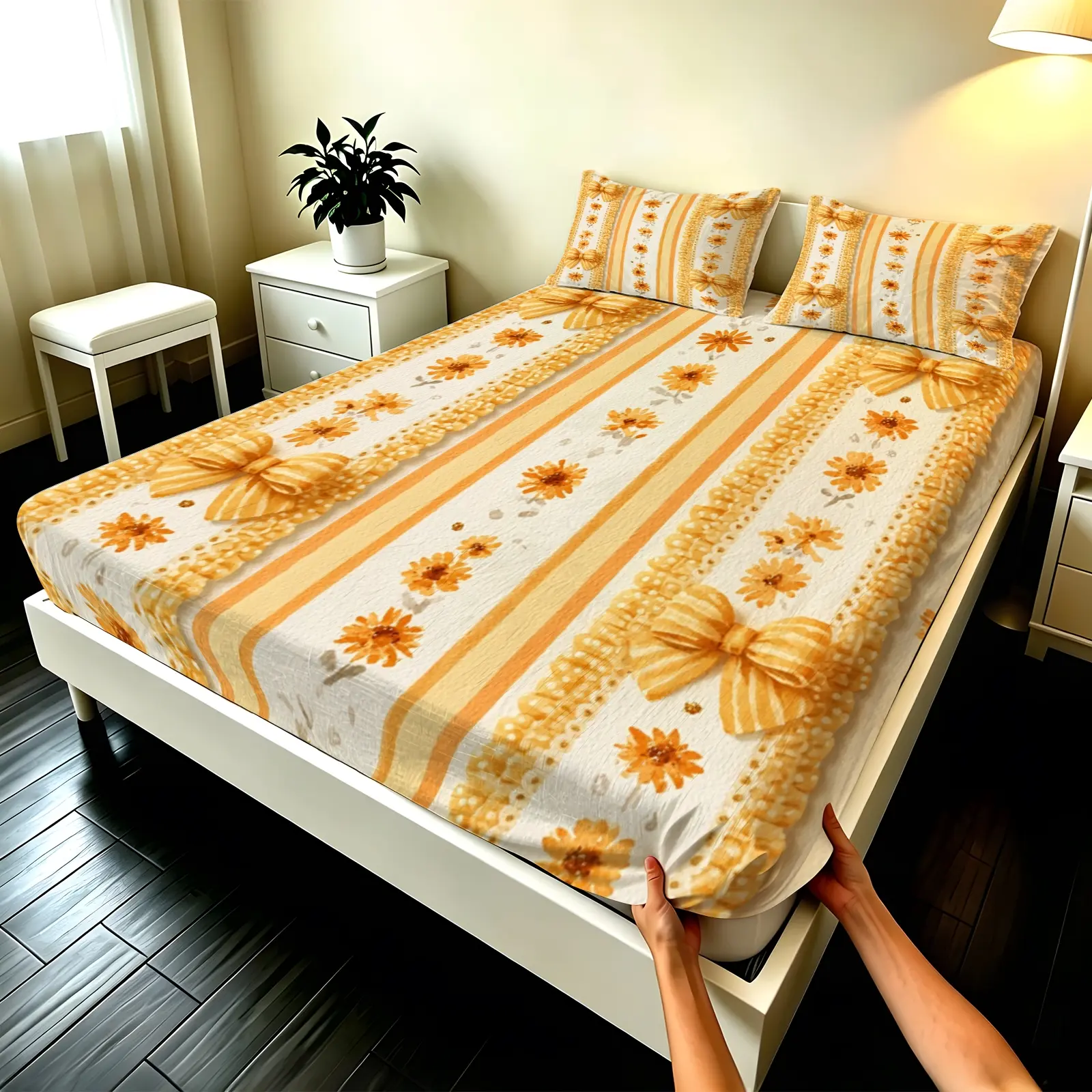 3pcs Fitted sheet Yellow Daisy Bow Stripe Printed Bedding Set, Soft Microfiber Fitted Sheet with 2 Pillowcases, Wrinkle Resistant Fade Proof Breathable Cozy Bed Linens for Bedroom Home, Fit Twin Full Queen King Size, Microfiber Bedding Essentials