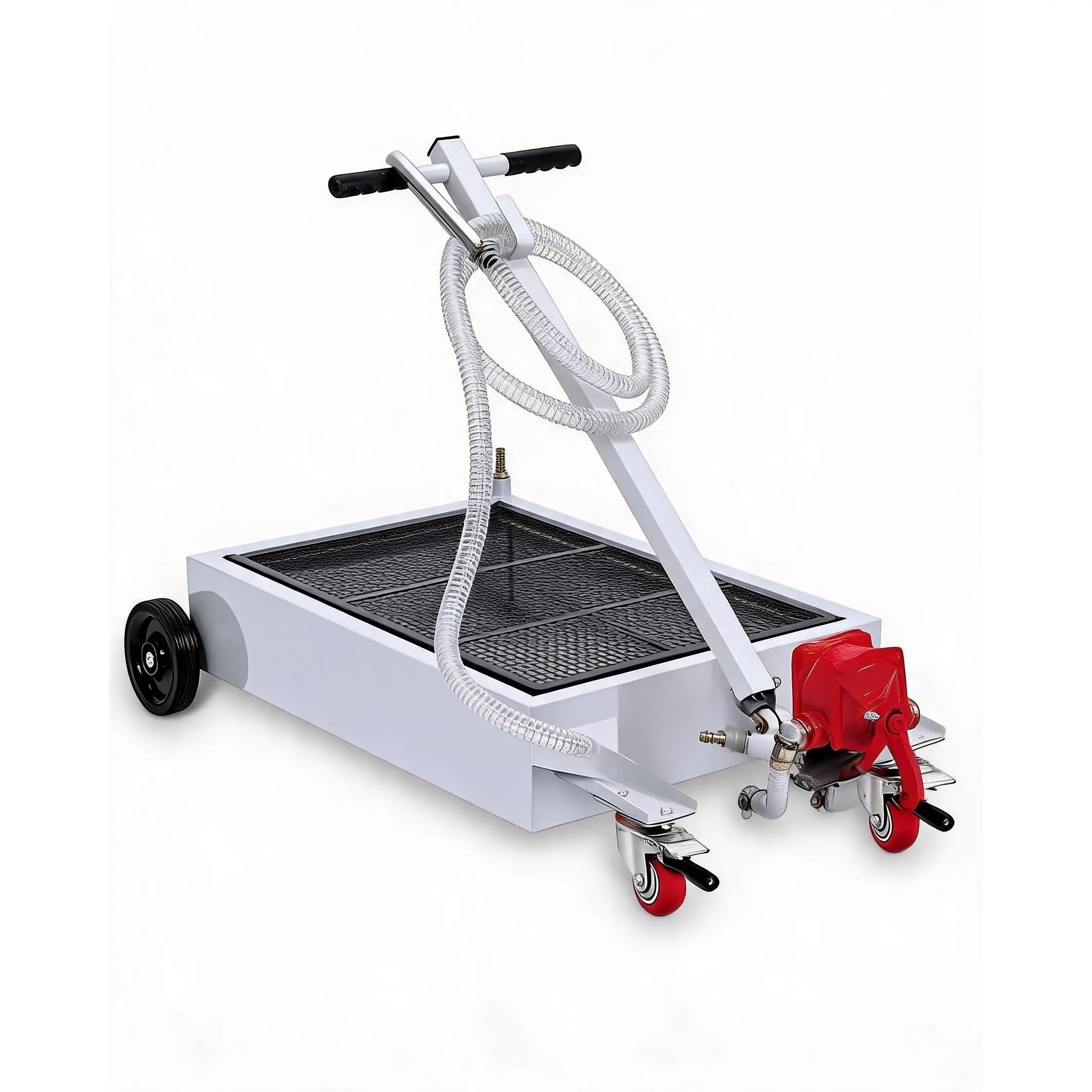 Heavy Duty Low Profile Oil Drain Pan With Pump – 15/17-Gal Portable Rolling Cart, Collapsible T-Handle, 7.2ft Hose For Car, SUV, Truck Maintenance – Large Capacity