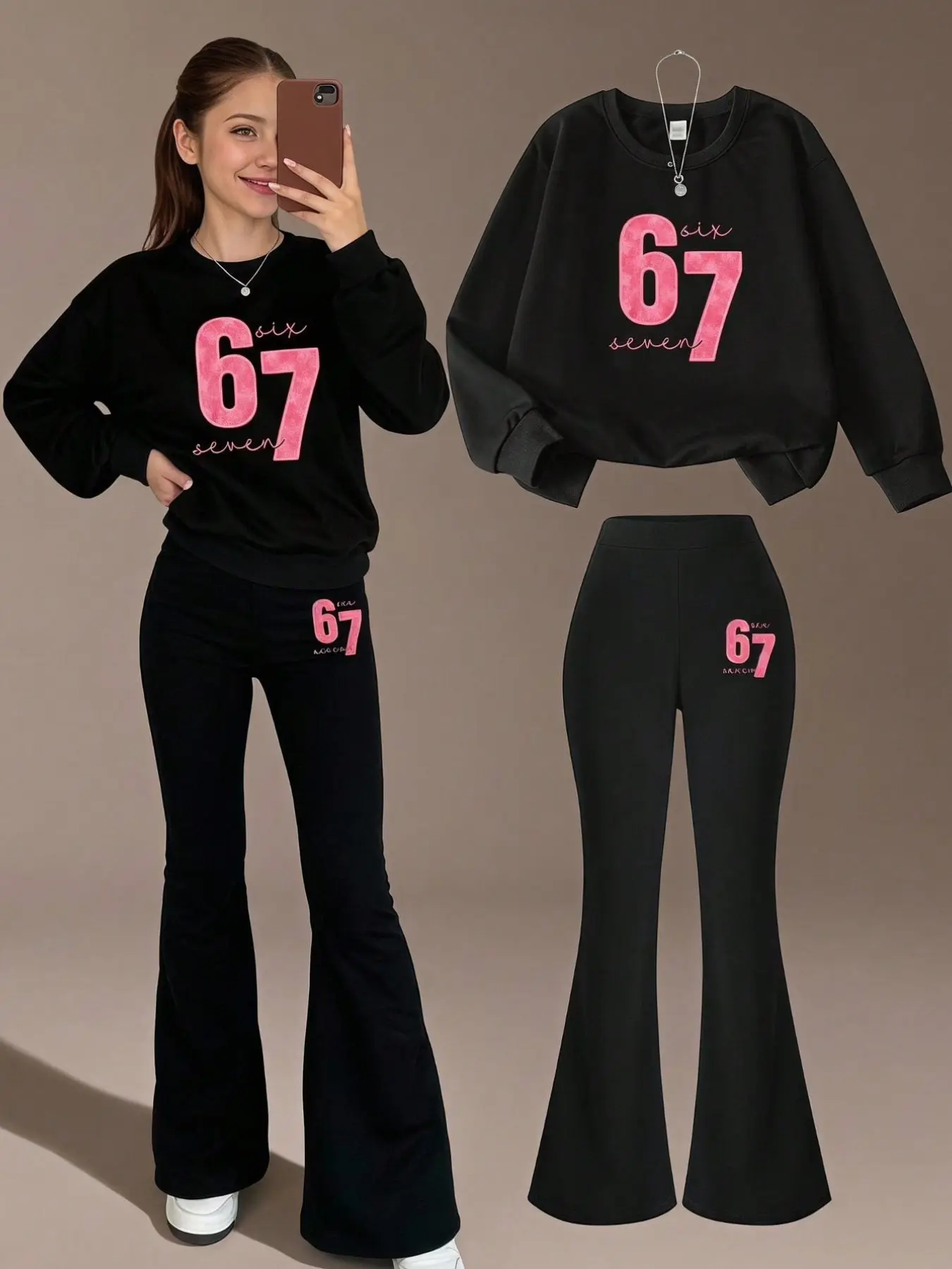 Number 67 Sweatshirt and Bell Bottoms Set, Cool Casual Style, Print High Waist Long Pants, Teen Girls Daily Wear