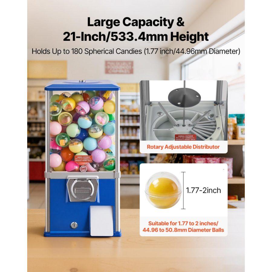 VEVOR Gumball Machine, 21 inch Height Candy Vending Machine Dispenser, 25-Cent Vending Machines for Shopping Malls, Supermarkets, Amusement Parks, Arcades, Holds Up to 180 1.77 inch Spherical Candies