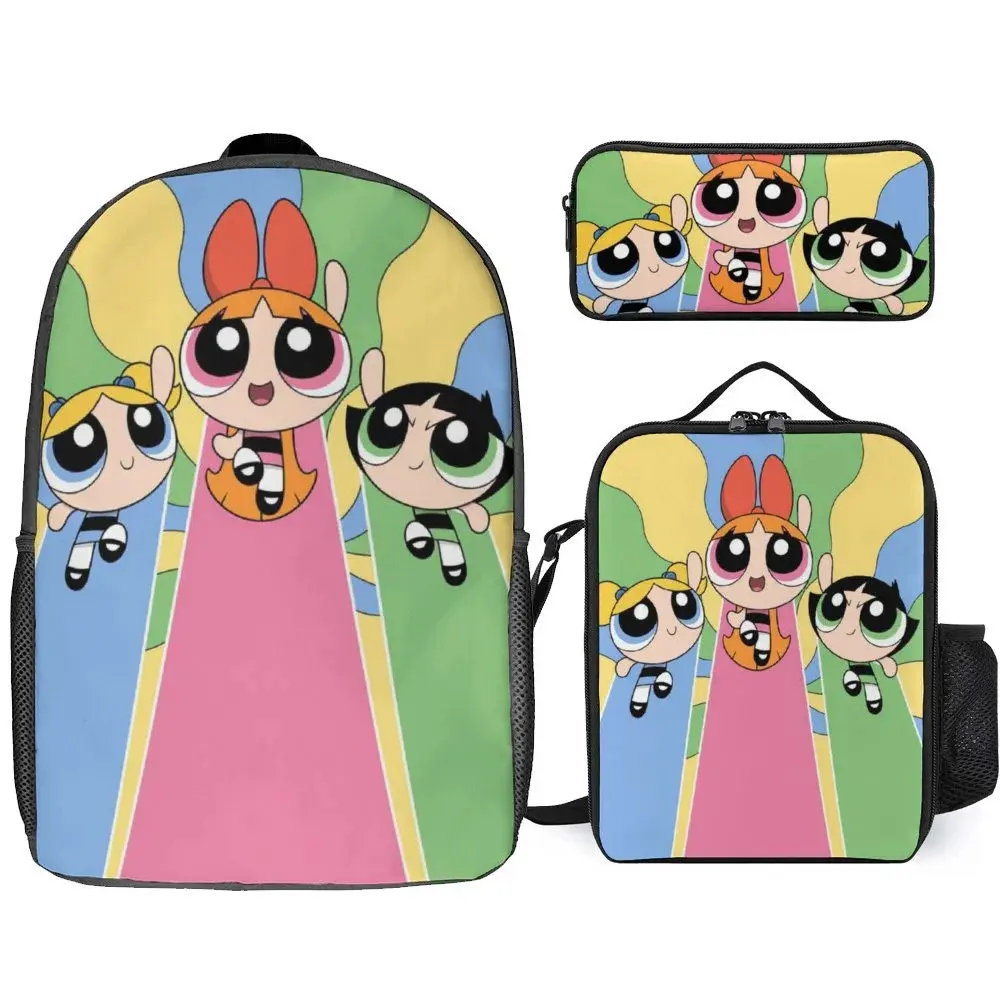 Powerpuff Girls 3-Piece Synthetic Backpack Set - Basic, Anti-Theft, Adjustable Straps, 3-in-1 Foldable Animated Face Backpacks, All-Seasons Travel Daypack, Back to School Haul First Day of School Gift for Students, 3-In-1 Foldable Backpacks