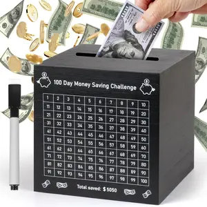 100 Day  Saving Box, Unbreakable $5,050 Wooden Savings  Box Saver,  Break to Open     Vault Saving Box  Number Piggy  Holder, Black