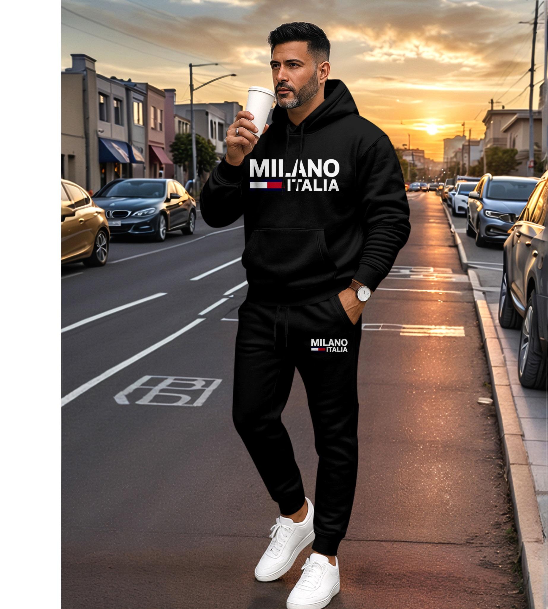 Men's MILANO Letter Pattern Print Hoodie and Drawstring Sweatpants Set, Menswear, Casual Athletic Long Sleeve Hooded Jacket & Trousers for Fall & Winter, Men's Clothing for Daily Wear, Sportswear Indoor Outdoor, Tracksuit, Athleisure