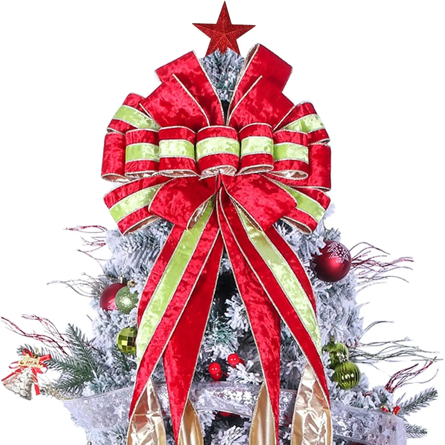 Christmas Tree Topper Wreath Bow Large Green Christmas Bow Tree Topper 52"x13" Red and Green Ice Flower   Bows for Xmas Holiday  Wedding Thanksgiving Indoor/Outdoor Decoration