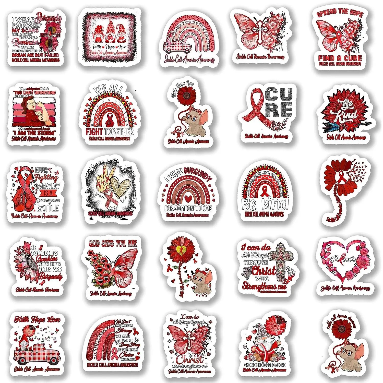 25Pcs Sickle Cell Anemia Awareness Stickers - Inspirational Waterproof Vinyl Car Stickers for Epilepsy, Cerebral Palsy, Dyslexia, Brain Tumor, Cystic Fibrosis Support, Water Bottle & Laptop Decor Accessories, Friends, Diabetes, Water Resistant, Awareness