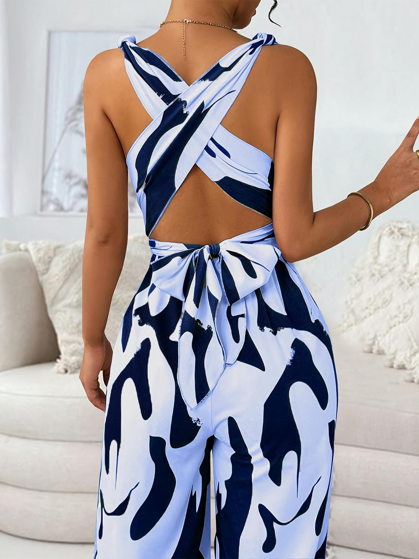 Women's Jumpsuit, Casual V Neck Sleeveless Tie Waist Jumpsuit for Summer, Fashion Lady Women's Clothing for Beach Holiday, Womenswear, Clothe, High Waist Jumpsuit, Casual Jumpsuits