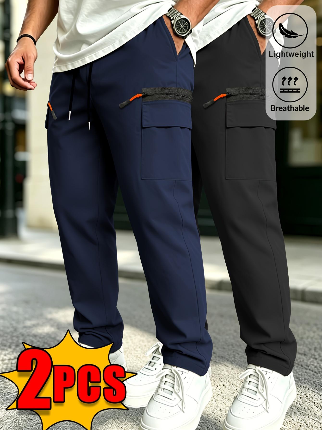 Veiskor Menswear Men’s 2-Pack Simple Basic Loose Polyester Functional Cargo Straight-Leg Pants for Spring/Summer, Elastic Drawstring Waist, Contrast Color, Side Zipper Pockets, Lightweight Breathable, Versatile Casual for Outdoor Activities, Commuting, Ca