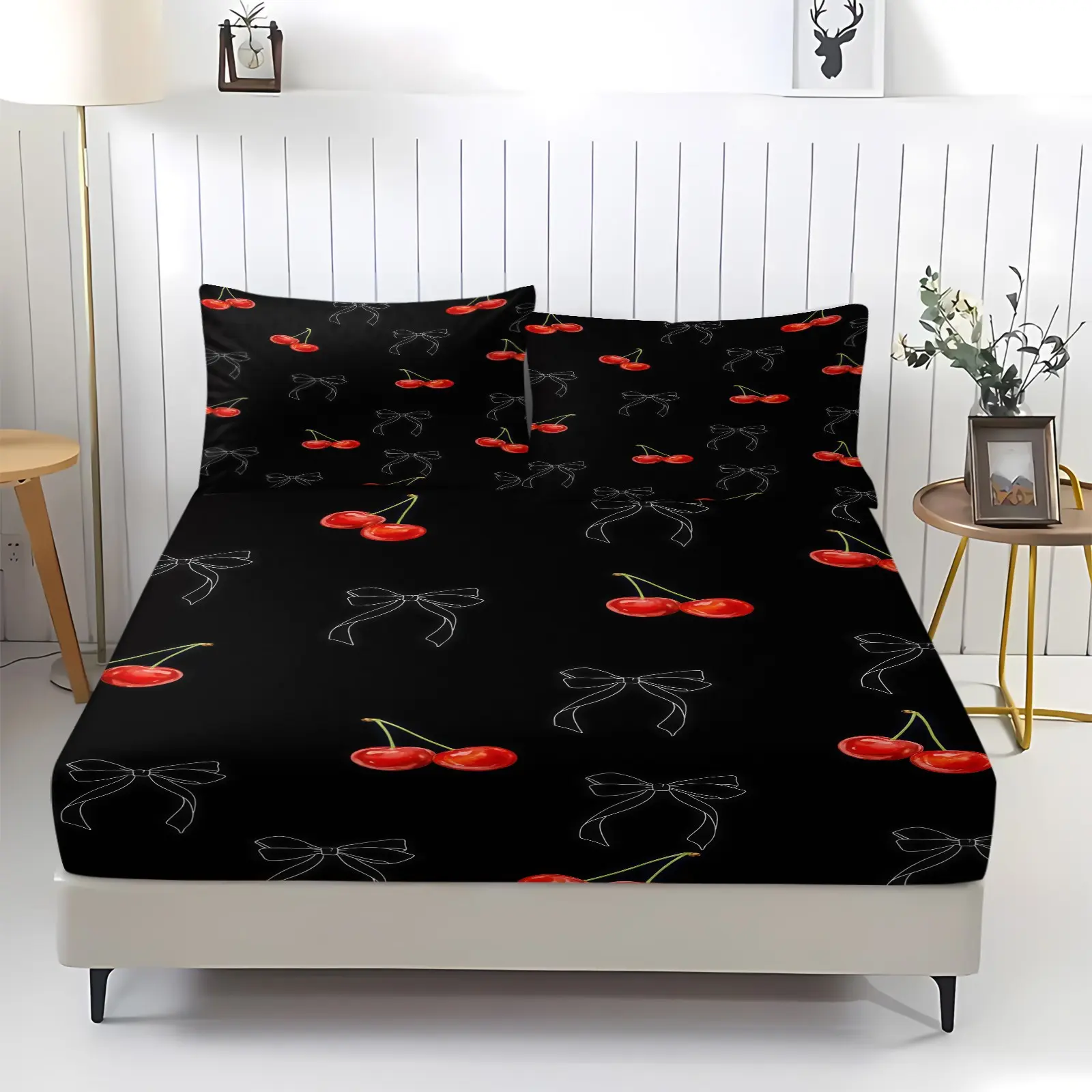 Cherry bow patterned bed sheet, including 1 bed sheet and 2 pillowcases, anti slip dust cover suitable for bedrooms and guest rooms, suitable for personal use or gift giving