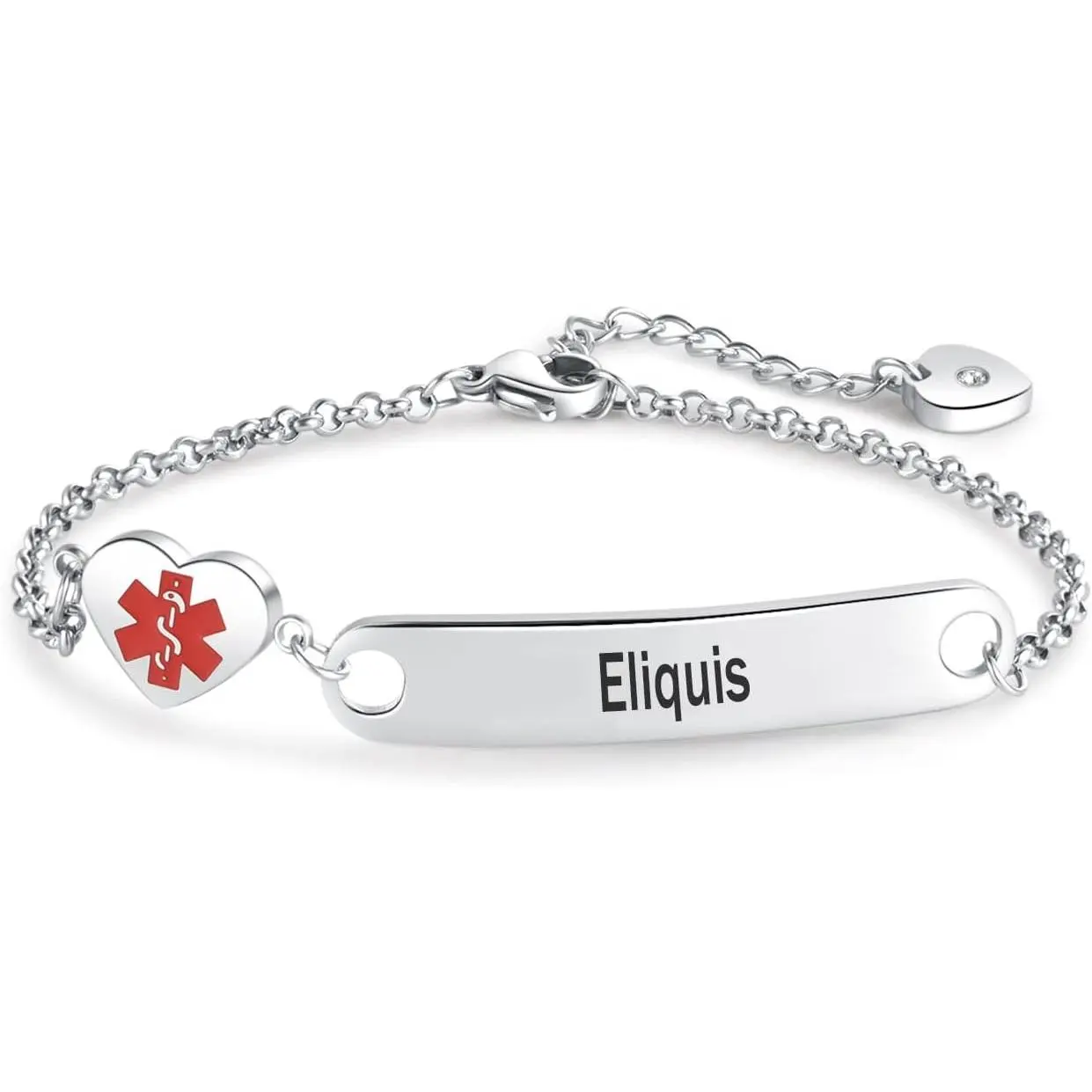 Women's Modern Emergency Aid Heart Alert ID Bracelet - Stainless Steel Adjustable Chain with Engraved Name Fashion Accessory for Quick Response