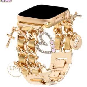 2026 Viral Cuban Chain Watch Band for Apple Watch, Stylish Metal Smartwatch Strap with Key Heart Charms, Aesthetic Wristband Compatible with iWatch Series 11/10/9/8/7/6/5/4/3/SE/Ultra 3, Travel Essential & Everyday Fashion Accessory