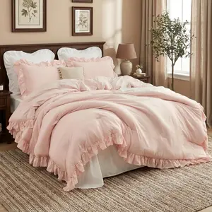 Queen Size 3PCS Ruffled Fluffy Bedding Set - Soft Washed Microfiber Lightweight All-Season Comforter with Vintage French Country Style Queen Bedding Sets
