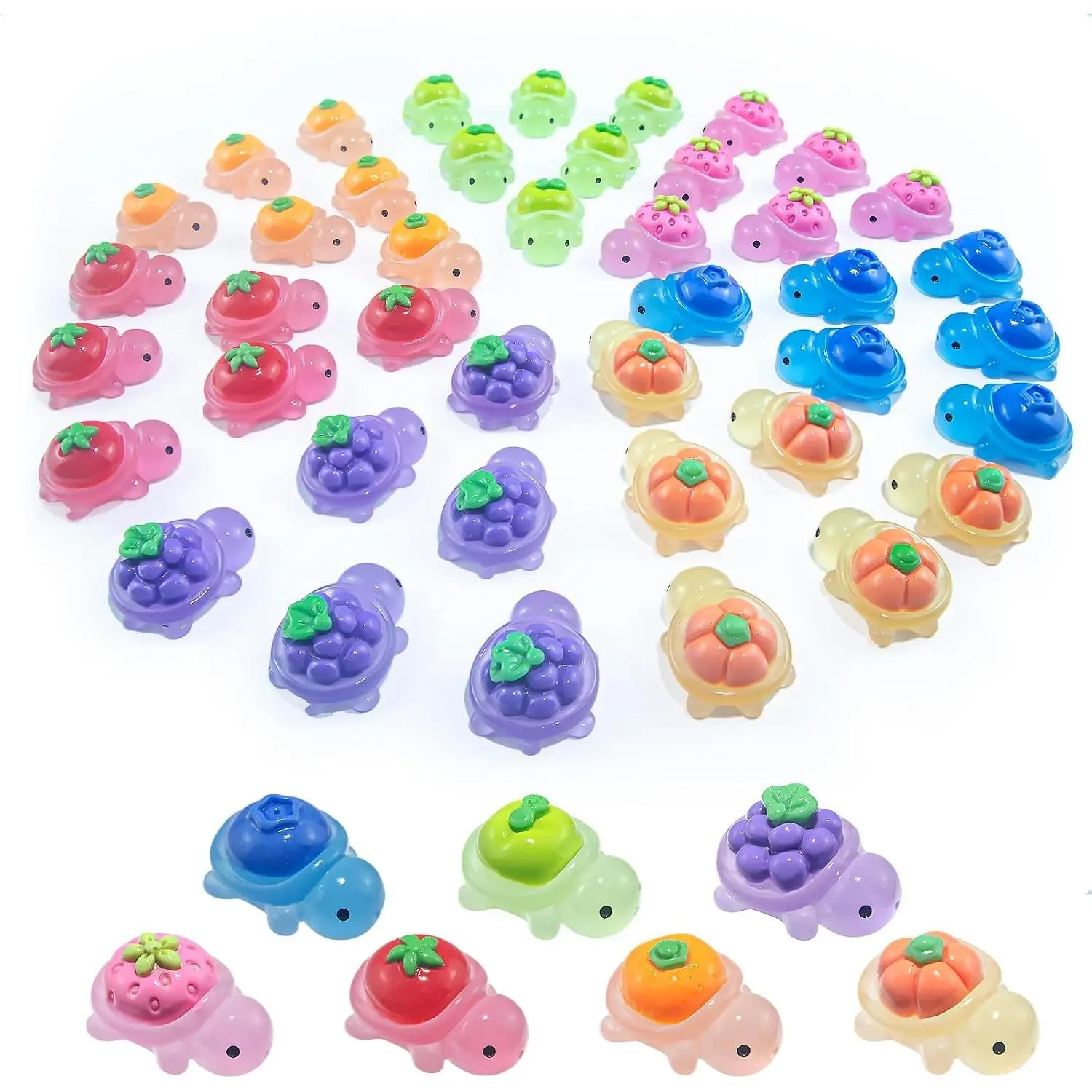 Artistic Glow-in-the-Dark Miniature Turtle Figurines Set - 7 Realistic Fruit Designs, Smooth Plastic Sea Turtle Decor, 42-Count Home Decor Light Collectibles