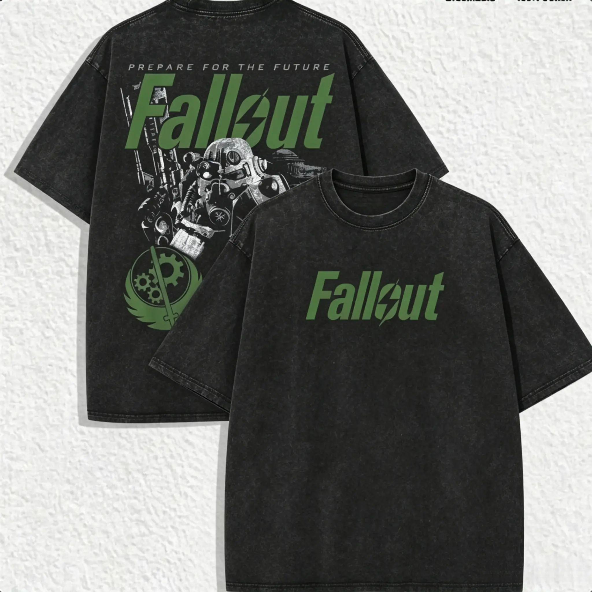 Fallout Vintage Distressed Washed Black Tee Brotherhood of Steel Power Armor Graphic Unisex Oversized 100 Cotton Short Sleeve Top Retro Gaming Streetwear Casual Daily Outfit Gift for Wasteland Game Fans