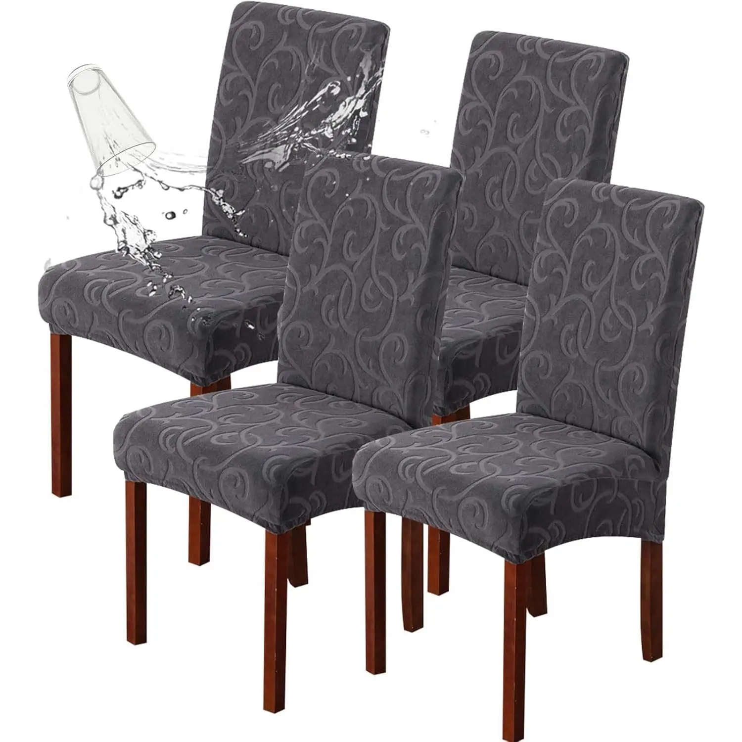 Waterproof Dining Room Chair Covers Stretch Parsons Chair Slipcovers for Dining Room Chair Protector Cover, Removable, Washable (4, Flower Pattern-Dark Gray)
