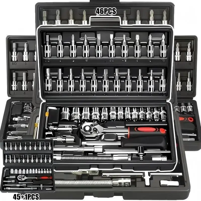 46-Piece Car Socket Wrench Set, Ratchet Socket Kit, Includes 1/4 Inch Sockets, Ratchets, Metric S2 Chrome Vanadium Steel, Ideal for Auto Repair and Home Use