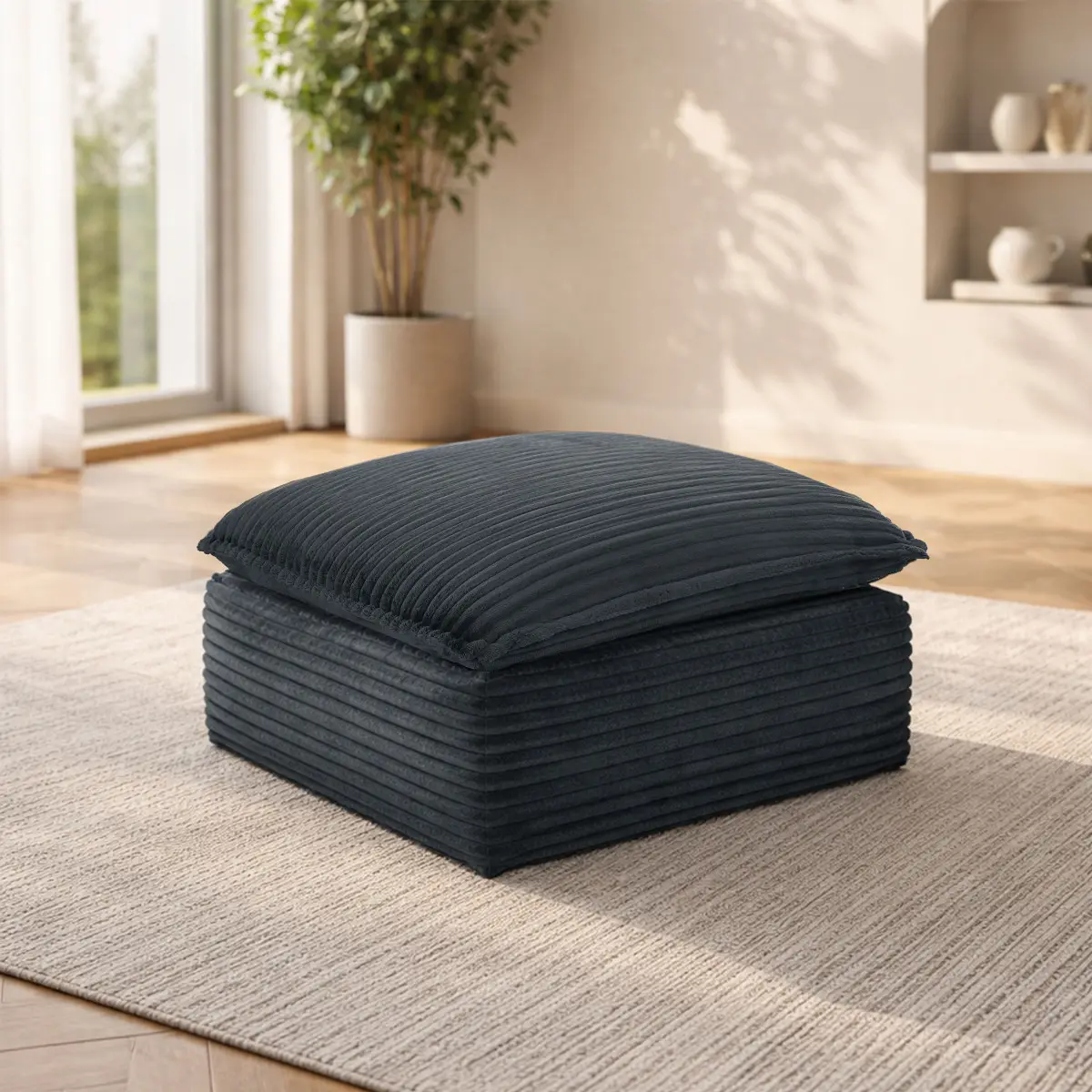 Modular Square Compression Ottoman, Upholstered Grey Single Module for Sectional Sofa