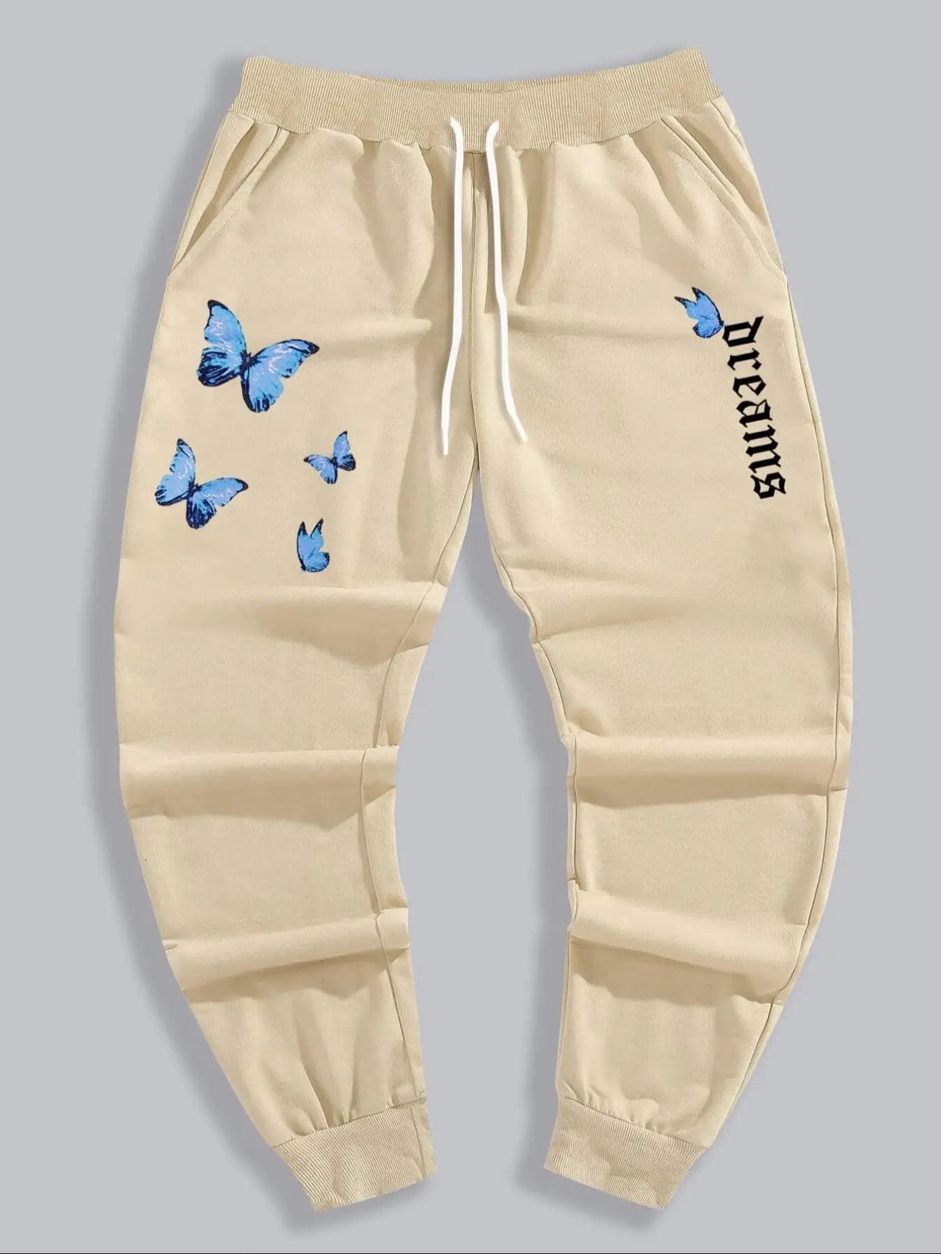 Vintage Gothic Style Men's Casual Cargo Pants, Butterfly and Letter Print, Drawstring Waist, Comfortable Fabric, Versatile Daily Wear