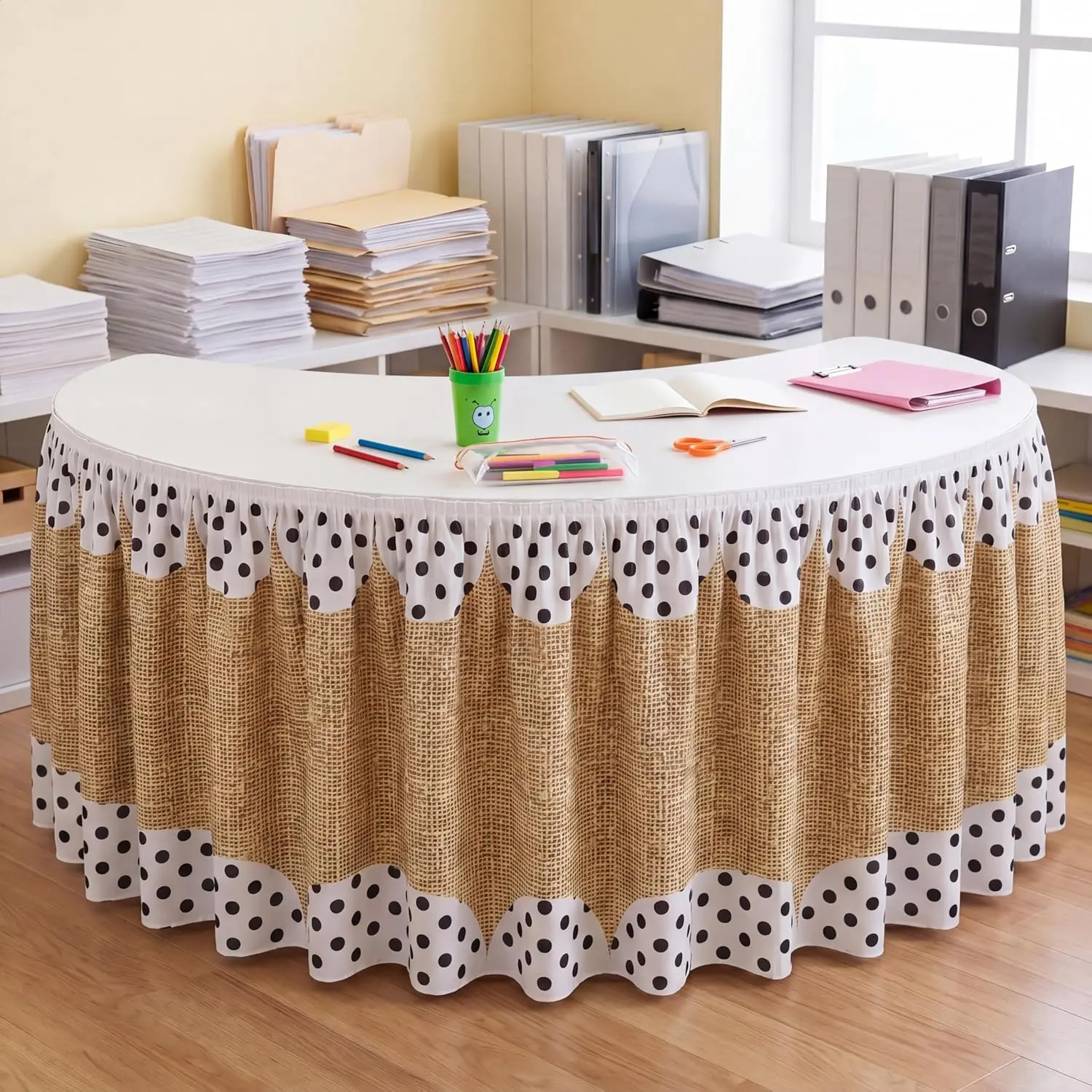 Tigeen 14 ft Scalloped Black and White Polka Dots Table Skirt for Teacher Desk Wrinkle Polka Dots Table Cover Skirt for Kindergarten Classroom Kidney Shaped Desk Back to School Supplies Decorations