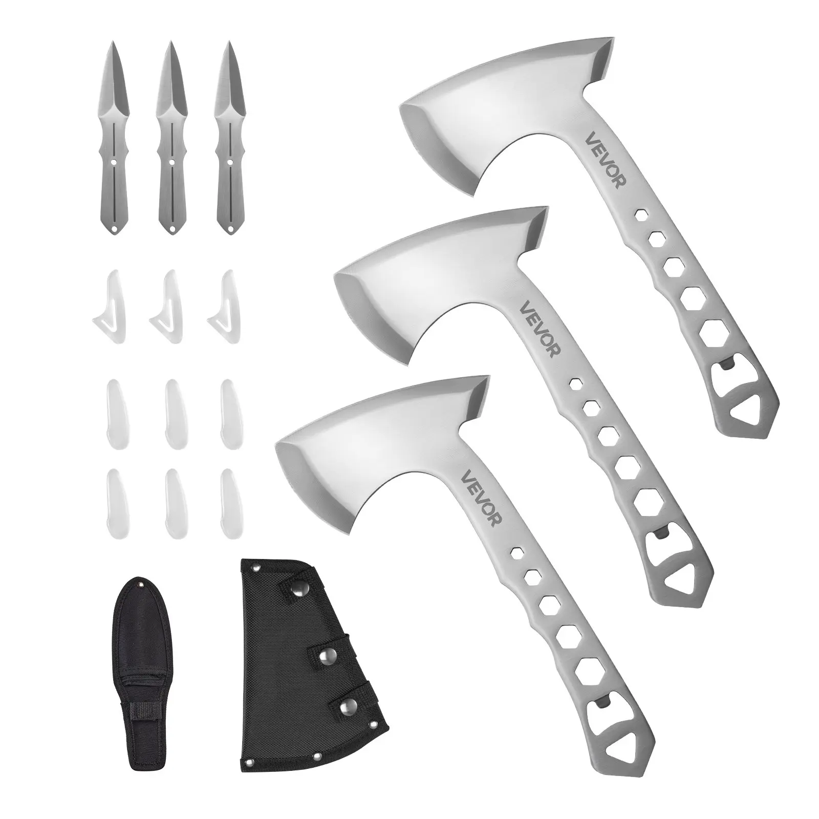 VEVOR Throwing Axes and Tomahawks, 3 Pack Hatchet Axes and 3 Pack Knives Throwing Products Set, Handle with Wrench and Bottle Opener, Stainless Steel, Black Nylon Sheath, for Recreation Competition
