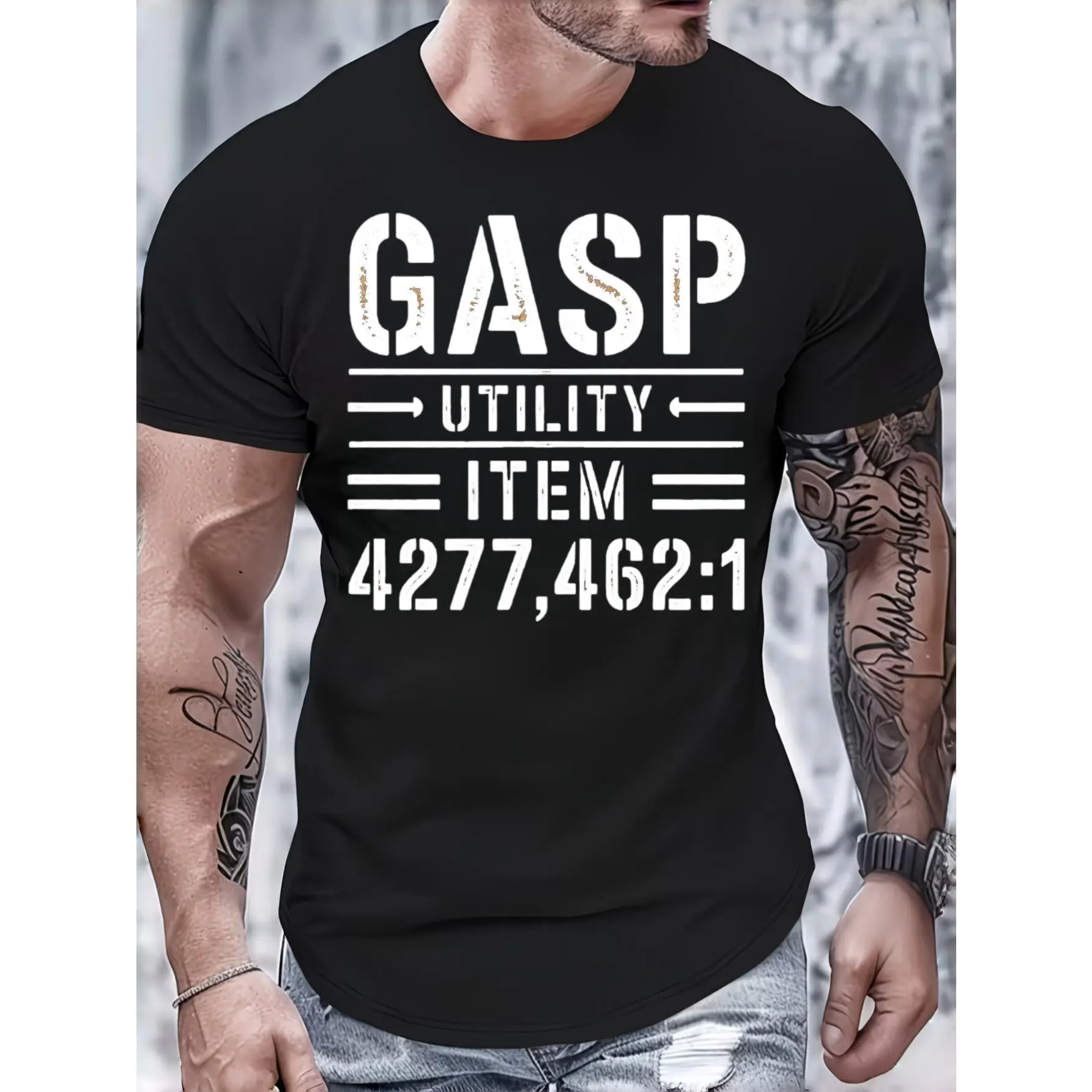 Fashion Menswear Matching Unisex Breathable Men's T-Shirt - Casual Streetwear Gasp Utility Item 42774621 Graphic Print, Summer Daily Wear Gym Workout Gift For Boyfriend Fitness Enthusiast, Simple