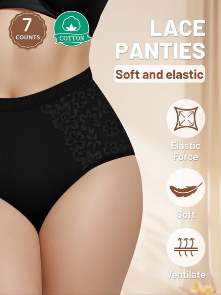 7 Pack Cotton Women's High Waist Briefs with Lace Trim, Soft Breathable Shaping Underwear for All Seasons, Comfortable Fitted Women's Panties