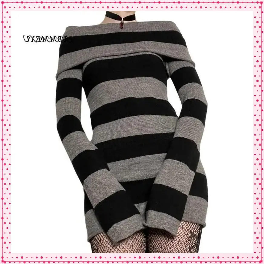(influencer-approved) Women Gothic Dress Punk Off Shoulder Striped Knit Dress Yk Fairy Grunge Dress Halloween Dark Academia Clothes Casual Long Sleeve comfortable  dress Summer Black Light Polyester Womenswear Boat Bodycon Check