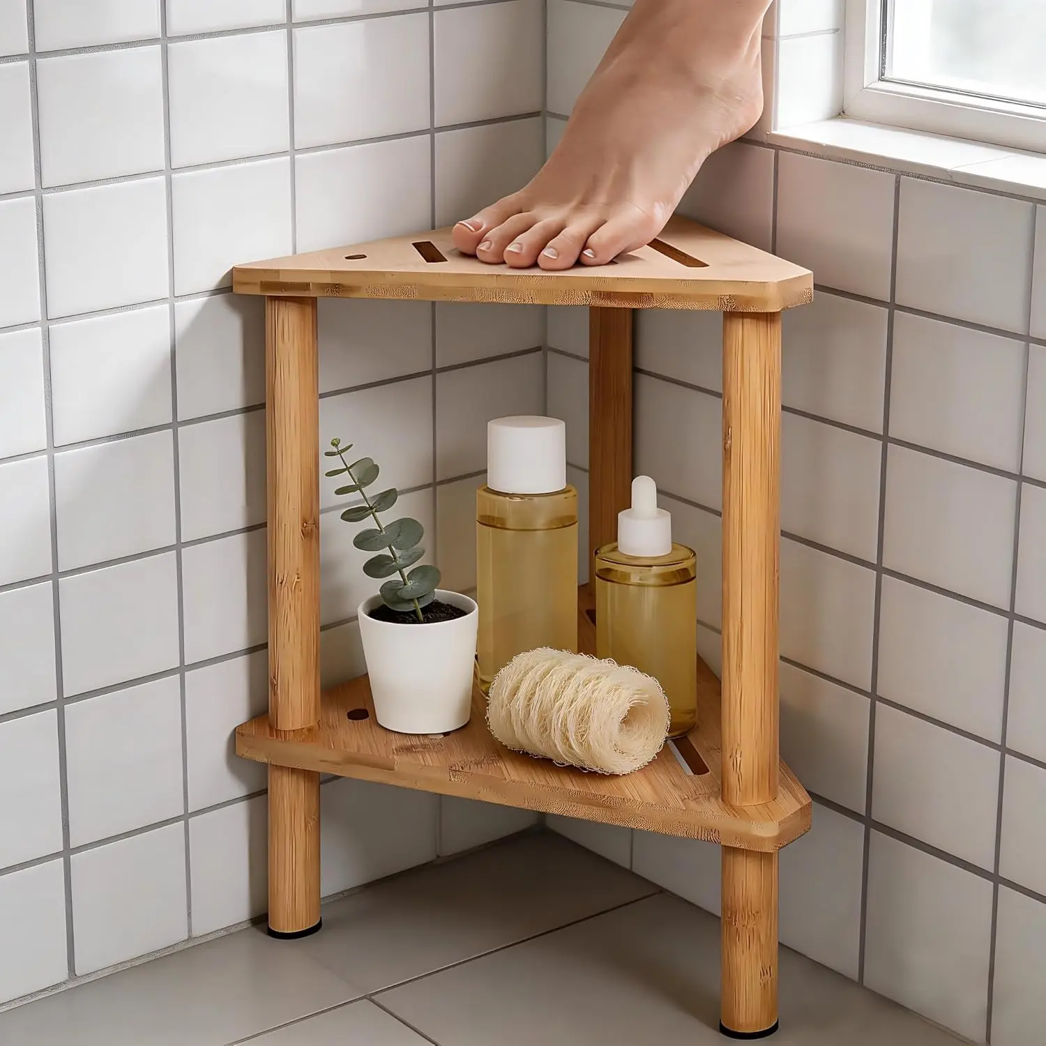 Shower Foot Rest 15in, Shower Stool for Shaving Legs, Waterproof Wood Corner Shower Stool with Storage Shelf for Inside Small Shower Spaces, Bamboo
