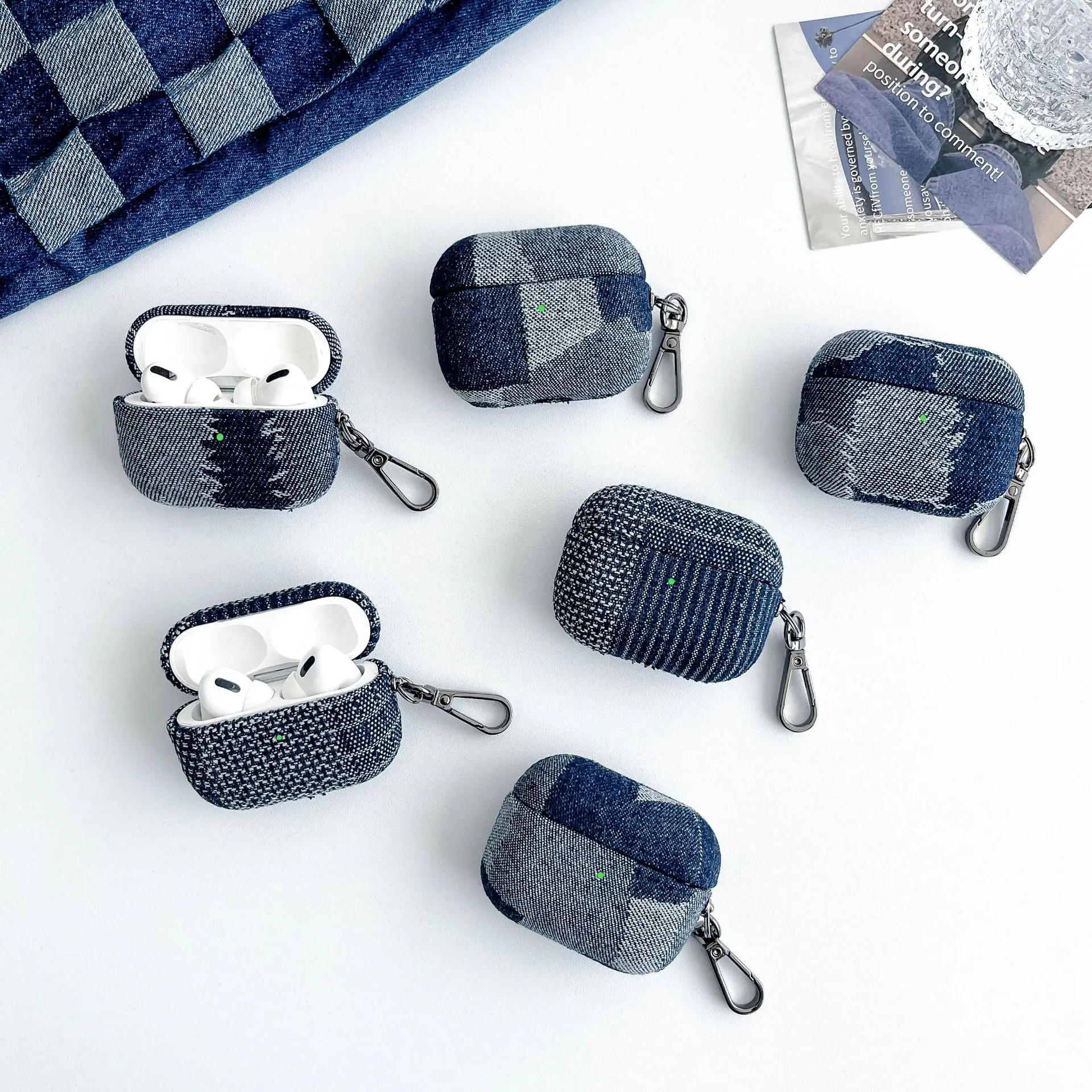 Denim Fabric Case for AirPods Pro 2, Patchwork Cloth Protective Cover with Vintage Aesthetic