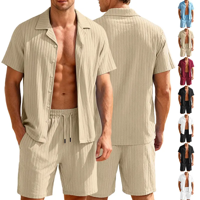Men's 2-Piece Basics Knitting Stripe Print Polyester Set, Short-Sleeve Button-Down Shirt & Beach Shorts, Casual Menswear for Daily Commute, Vacation