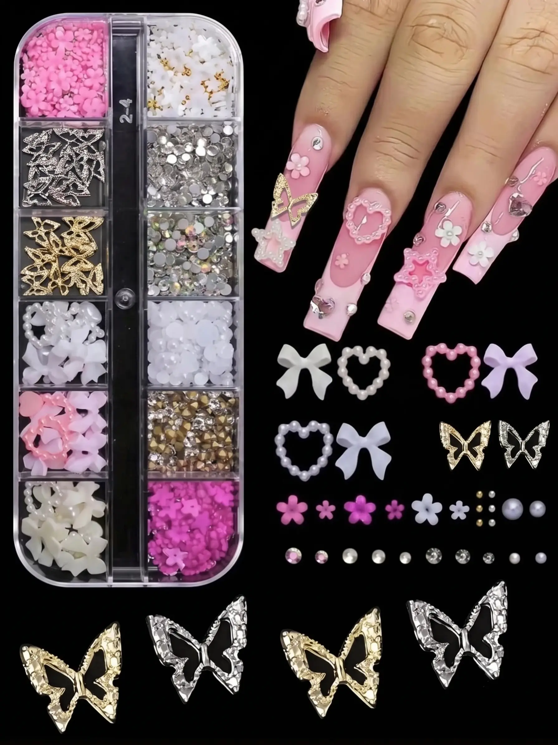 12-Grid Y2K 3D Nail Charms Set, Mixed Nail Art Decorations with Rhinestones, Faux Pearls, Butterfly, Bow, Heart & Flower Charms for DIY Nails