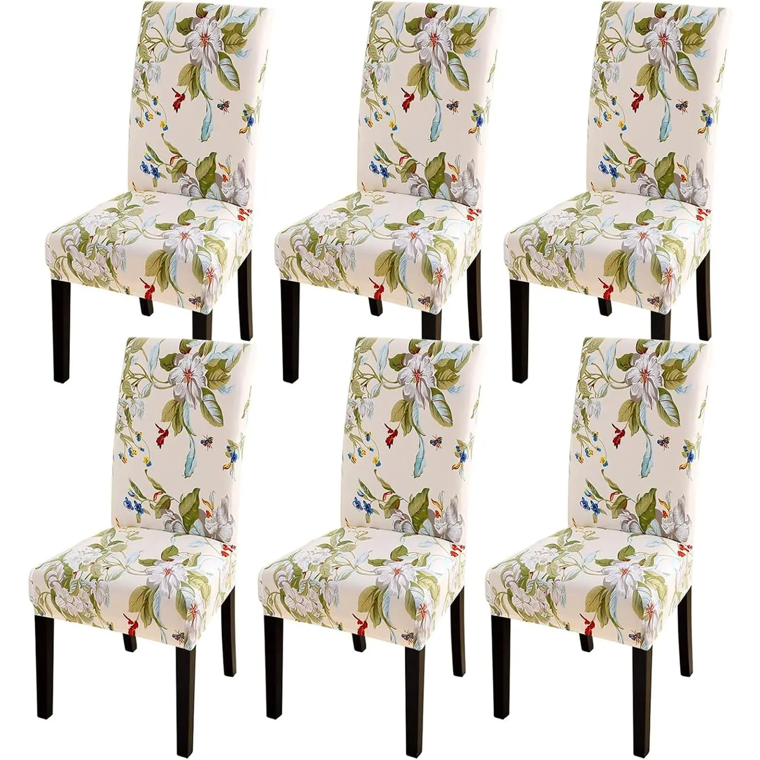 6-Pack Beige+Flowers Dining Room Chair Slipcovers, Multiple Slip-On Spandex Super Fit Stretch Removable Washable Parsons Chair Protectors for Dining Room, Hotel